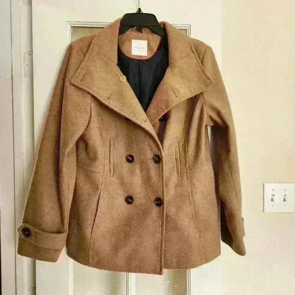 Thread & Supply Double Breasted Tan Wool Pea Coat Fall Winter Casual XL - Picture 1 of 11